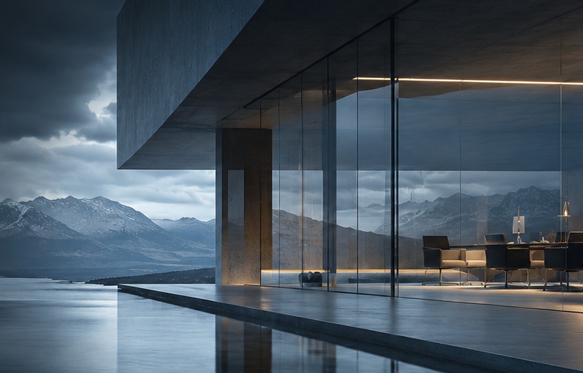 Modern architectural structure against a dramatic mountain landscape